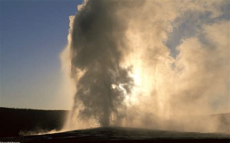 Old Faithful Geyser at Sunset, Yellowstone, Wyom