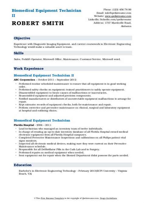 Biomedical Equipment Technician Resume Samples | QwikResume