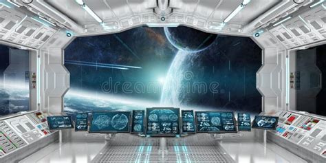 Spaceship Interior with View on Distant Planets System 3D Render Stock Illustration ...