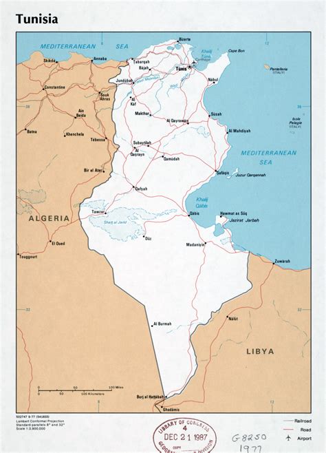 Large detailed political map of Tunisia with roads, railroads, major cities and airports - 1977 ...