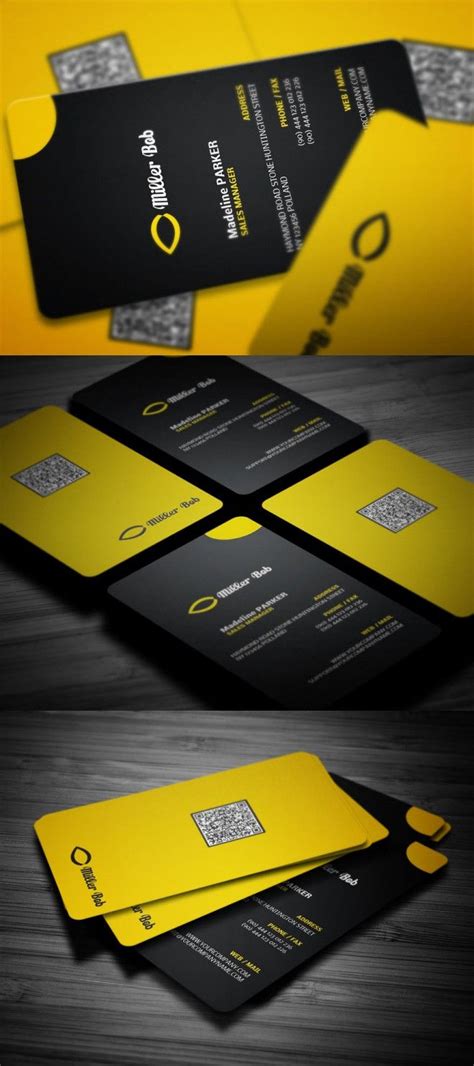 Black and yellow business card with yellow dot in corner and with QR code on the back Yellow ...