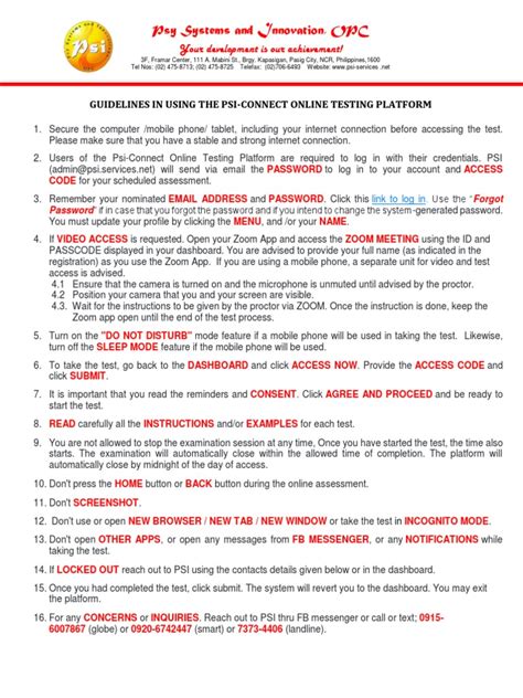 Guidelines in Using The Psi Connect Online Testing Platform | PDF | Password | Login