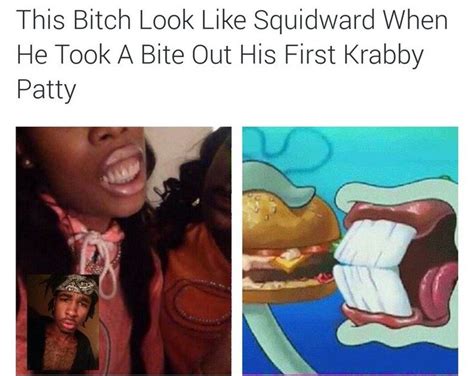 Chic with big teeth on the left vs Squidward taking first bite of the ...