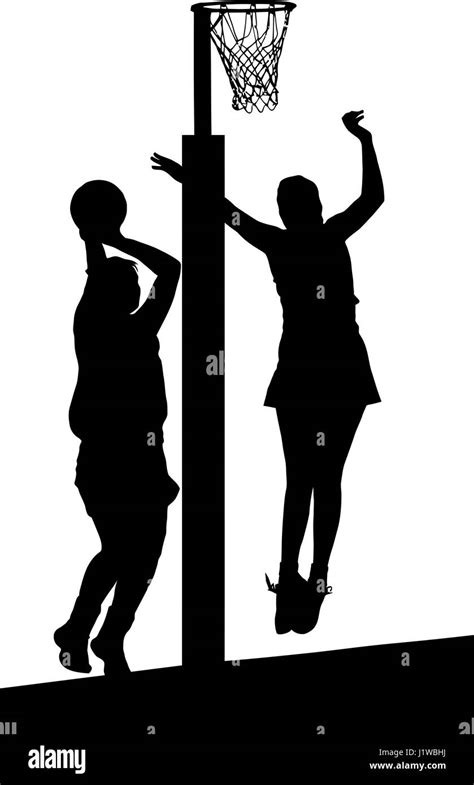 Black on white silhouette of girls ladies netball players jumping and blocking goal Stock Vector ...