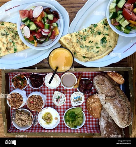 A colourful Israeli breakfast Stock Photo - Alamy