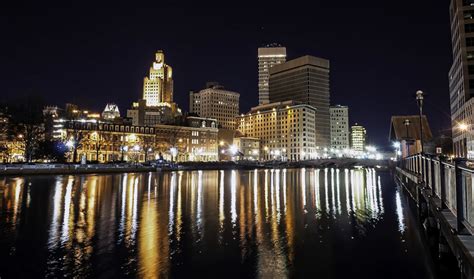 Skyline of Providence, Rhode Island at nighttime over the water image ...