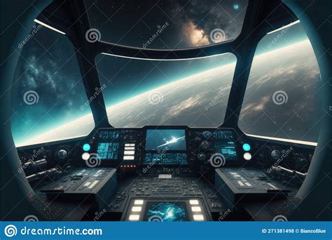 Outer View of Spaceship Window with Control System Room. Stock Photo ...