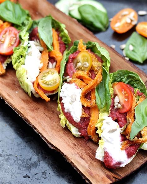 Romanian Lettuce Wraps - Beet Hummus & super crispy Sweet potato Fries ...