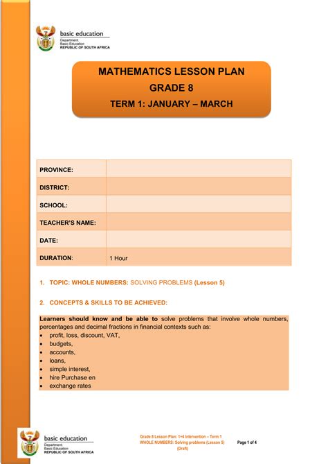 Grade 10 Mathematics Lesson Plans Term 1