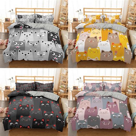 4 Colors Cartoon Cat Bedding Sets For Kids Cute Animal Pattern Duvet Cover Set 2/3Pcs Bed Set ...