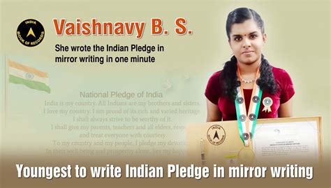 YOUNGEST TO WRITE INDIAN PLEDGE IN MIRROR WRITING - India Book of Records