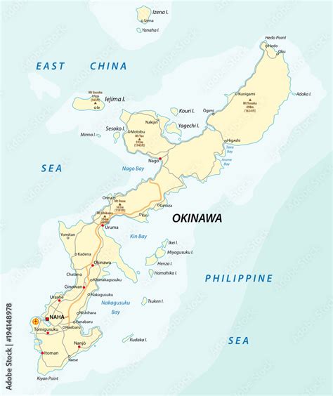 Detailed vector road map of Japanese island Okinawa, Japan Stock Vector ...