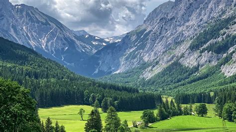 Download wallpaper 1366x768 mountains, valley, trees, grass, landscape, green tablet, laptop hd ...