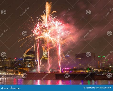 Long Exposure Shot of Colorful Fireworks in the Old Port of Montreal ...