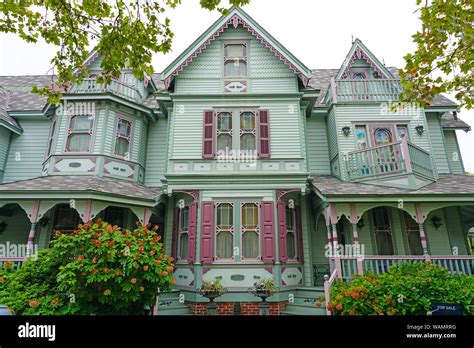 CAPE MAY, NJ -14 AUG 2019- View of colorful historic Victorian houses ...