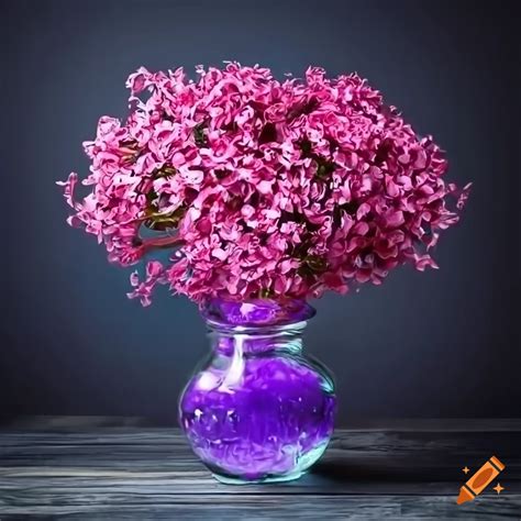 Vibrant bouvardia flowers in a colored glass jar on a black wood plank ...