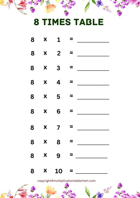 8 Times Table Worksheet [8 Multiplication Table] Free PDF