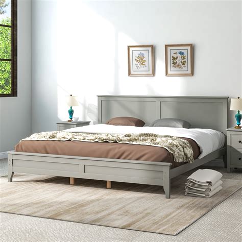 Gray Modern Solid Wood Low-Profile King Size White Platform Bed Frame ...