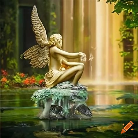 Viktorian garden painting with golden angel statue and waterfall on Craiyon