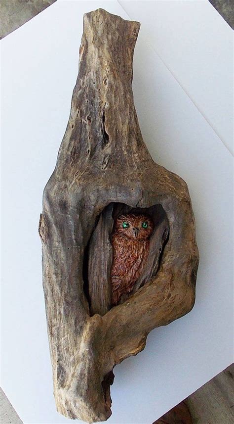 Wood Carved Owl Peeking out of Tree Knot Wall Hanging - 3D Wood Carving - Wood Wall Art Decor ...