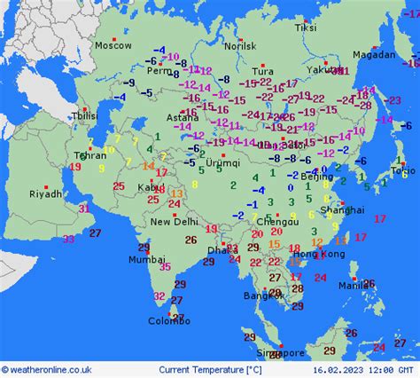 Temperature, Map: Asia (16.2.2023) Current Observations