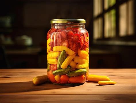 Premium AI Image | a jar of colorful pickled vegetables on a wooden table