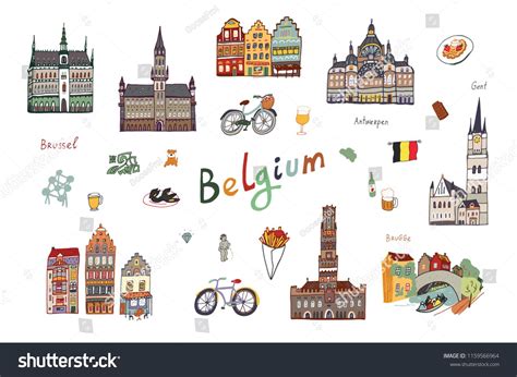 Architecture and icons with symbols of Belgium, hand drawn doodle illustrations set #Ad , #Ad, # ...