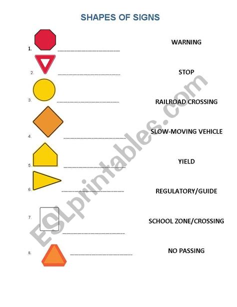 English worksheets: Traffic Signs: Shapes and Colors