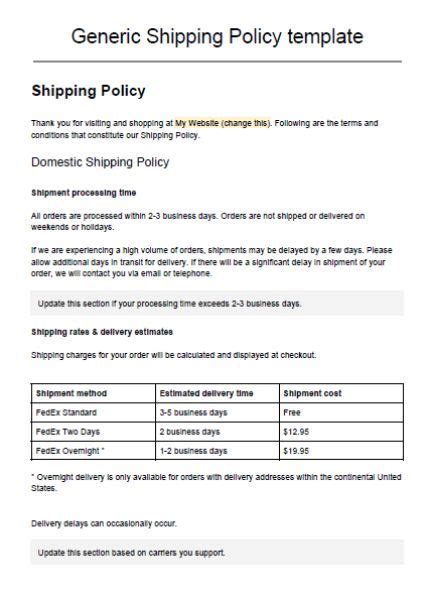 Generic Shipping Policy Template | Policy template, Templates, Website template