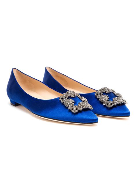 Lyst - Manolo Blahnik Hangisi Embellished Satin Flats in Blue