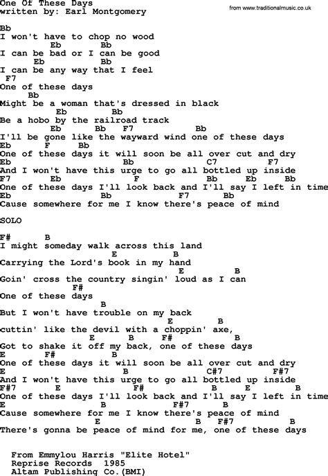 Emmylou Harris song: One Of These Days lyrics and chords | Lyrics and chords, Country music ...