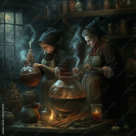 Fantasy illustration: witches making a mysterious potion made with generative AI not based on ...