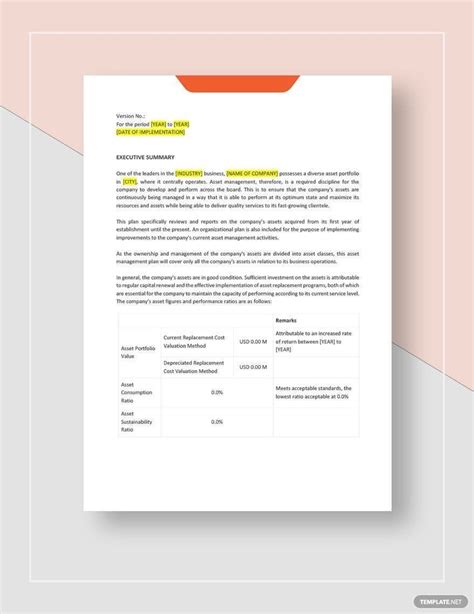 Asset Management Plan Template - Google Docs, Word, Apple Pages ...