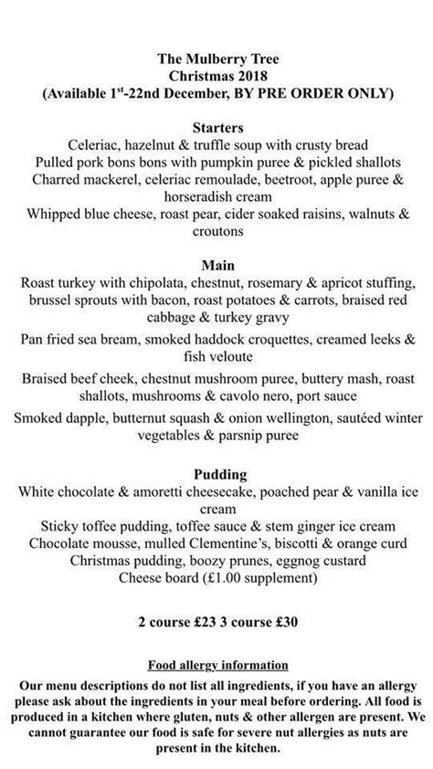 Menu at The Mulberry Tree restaurant, Attleborough