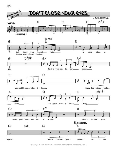 Don't Close Your Eyes by Keith Whitley Sheet Music for Real Book – Melody, Lyrics & Chords at ...