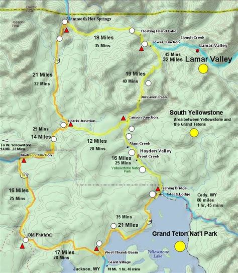 Map used to see various sections of Yellowstone and driving times ...