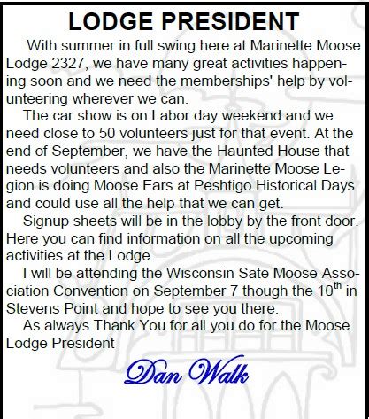 Letter from President - Marinette Moose Lodge 2327