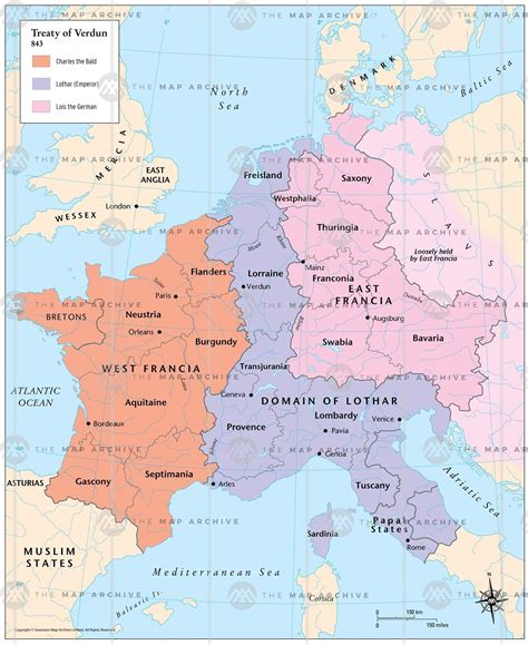 Karolingen ~ De deling van het Frankische Rijk na het Verdrag van Verdun in 843 | Geography map ...