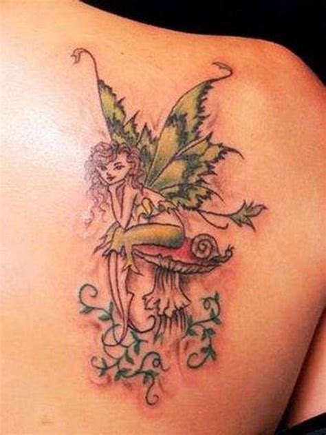 Attractive Colorful Fairy On Mushroom Tattoo On Right Back Shoulder | Fairy tattoo designs ...