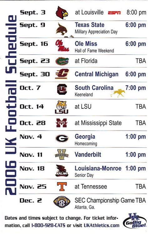 Kentucky Football Schedule Printable