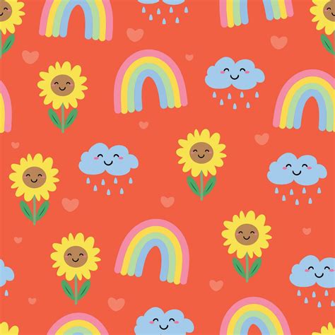 Seamless pattern of cute cartoon flowers, rainbows and rain clouds ...