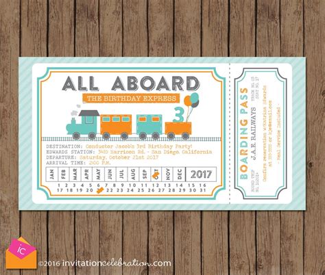 Train Ticket Invitation Birthday All Aboard Turquoise