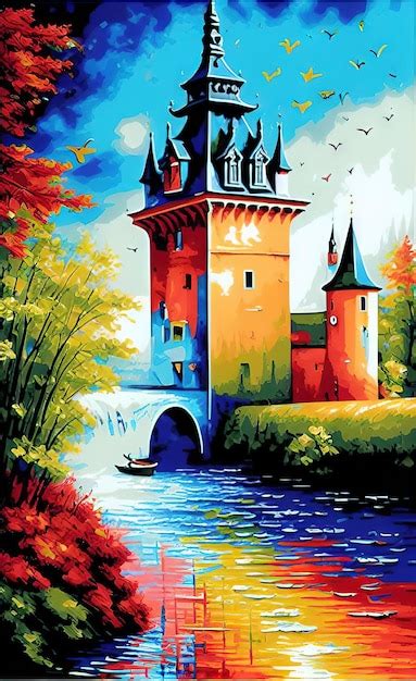 Premium AI Image | A painting of a castle by the water