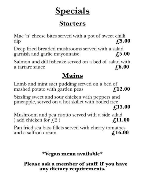 Menu at The Roebuck pub & bar, Draycott in the Clay