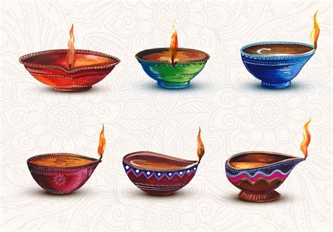 Free Vector | Watercolor of colorful collection of diwali decorated diya set design