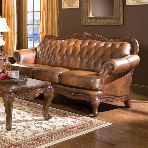 Coaster Fine Furniture Victoria Victorian Brown Genuine Leather Sofa at ...