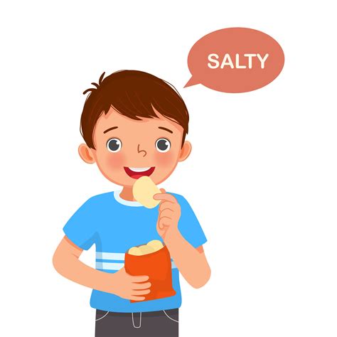 cute little boy holding potato chip showing salty taste of tongue five senses 12664161 Vector ...