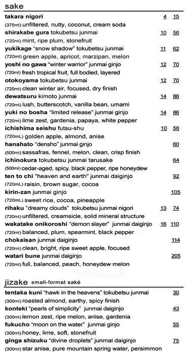 Menu at Uchi restaurant, Dallas