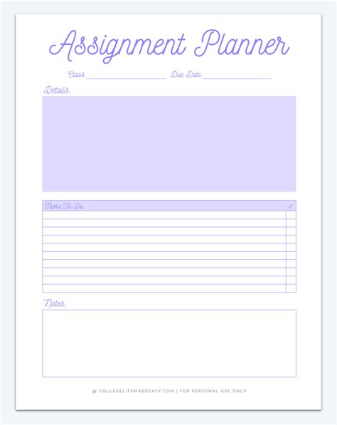 Printable Homework Planner Template for College Students