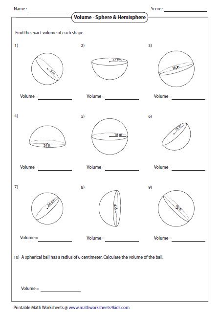 Volume Sphere And Hemisphere Worksheet Answers